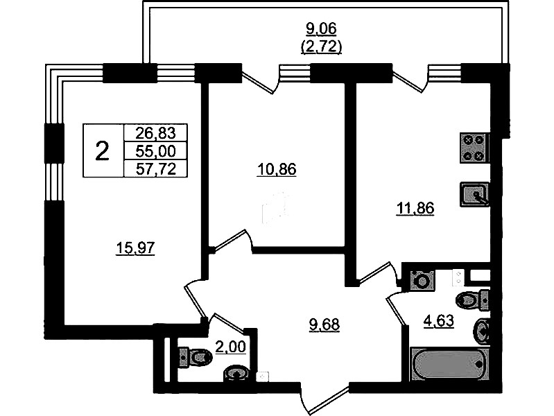 2-комнатная квартира 57.72 м², 2/4 эт., ЖК «Новая история»